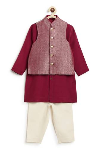Maroon embroidered brocade nehru jacket set