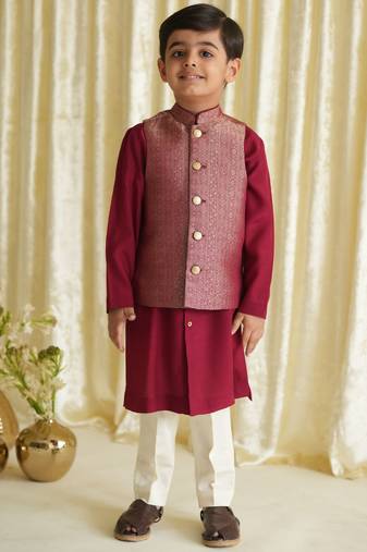 Maroon embroidered brocade nehru jacket set