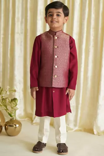 Maroon embroidered brocade nehru jacket set