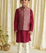 Maroon embroidered brocade nehru jacket set