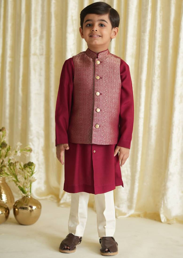 Maroon embroidered brocade nehru jacket set