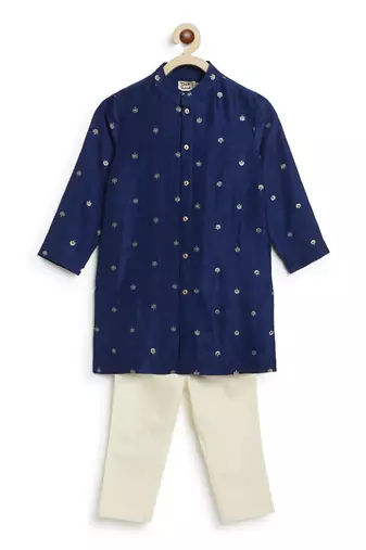 Blue embroidered brocade kurta pyjama