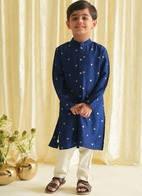 Blue embroidered brocade kurta pyjama 1