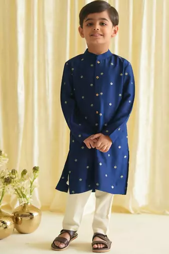 Blue embroidered brocade kurta pyjama