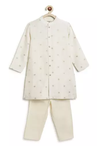 White embroidered brocade kurta pyjama