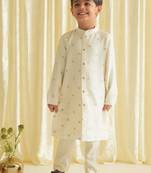 White embroidered brocade kurta pyjama