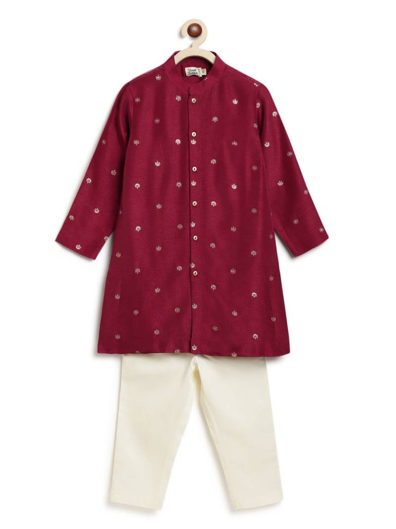 Maroon embroidered brocade kurta pyjama