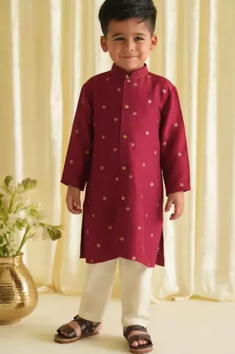 Maroon embroidered brocade kurta pyjama