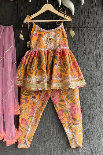 Orange printed cotton kurta set