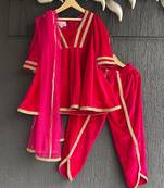 Red embroidered velvet kurta set