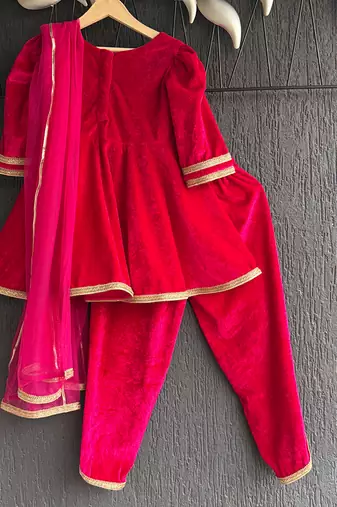 Red embroidered velvet kurta set