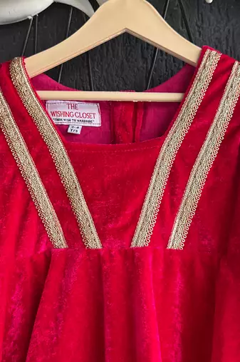 Red embroidered velvet kurta set