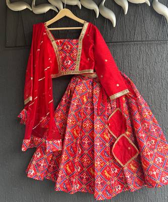 Red printed cotton lehenga set 1