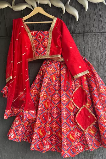 Red printed cotton lehenga set