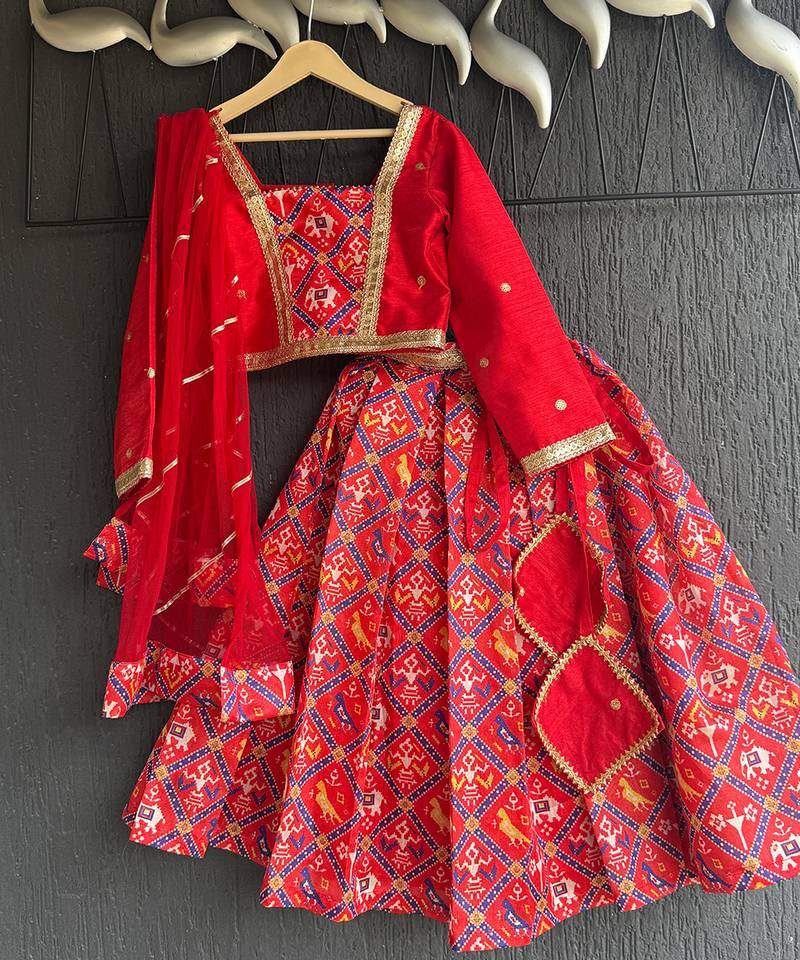 Red printed cotton lehenga set