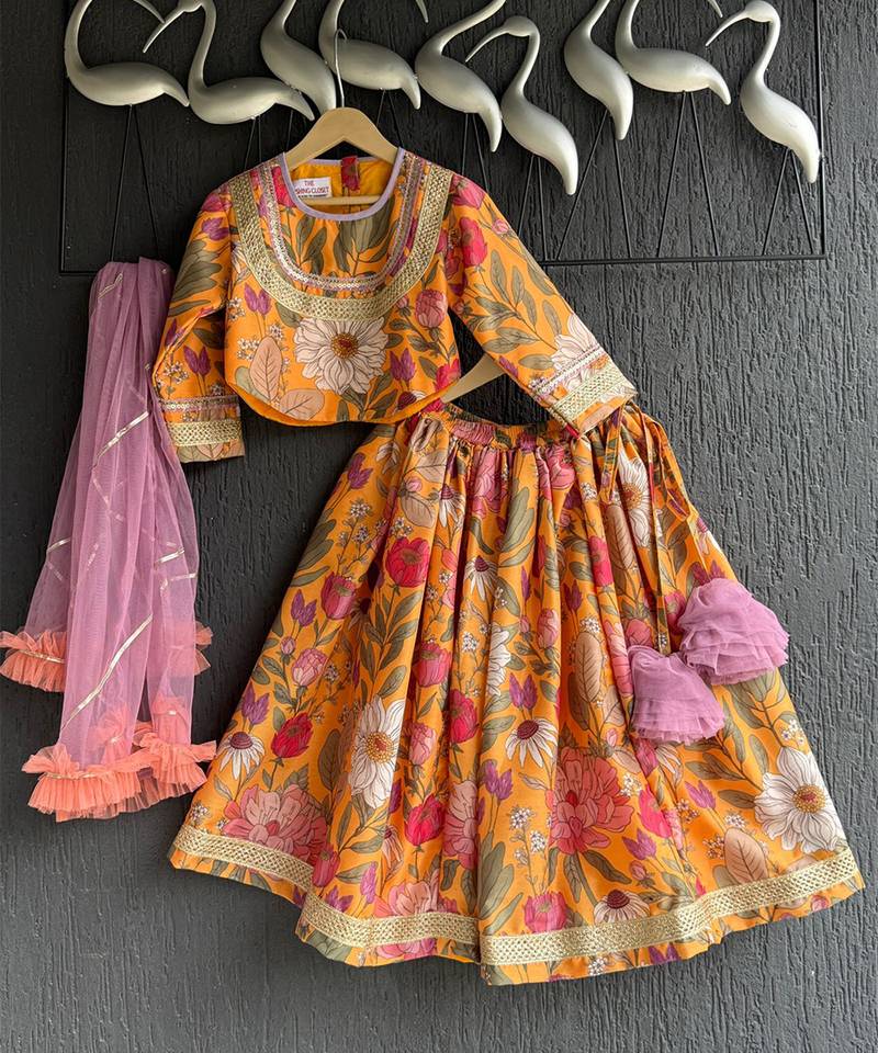 Orange printed cotton lehenga set