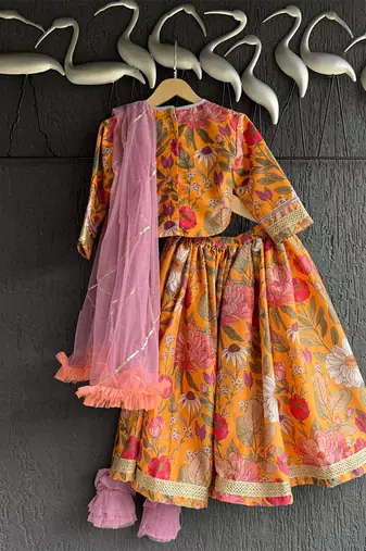 Orange printed cotton lehenga set