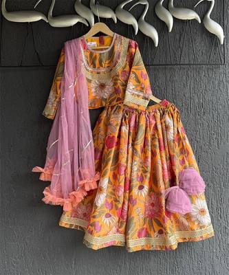 Orange printed cotton lehenga set 5