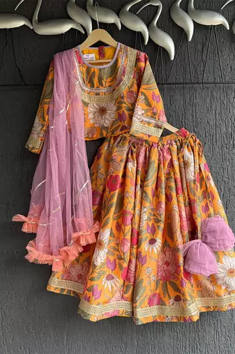 Orange printed cotton lehenga set