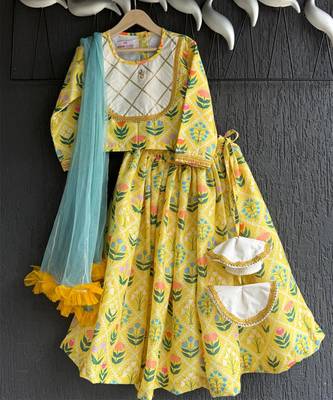 Yellow printed cotton lehenga set 1