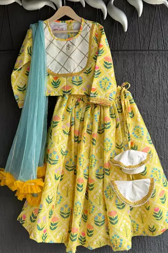 Yellow printed cotton lehenga set