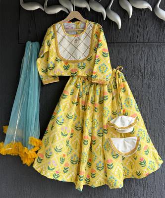 Yellow printed cotton lehenga set 2