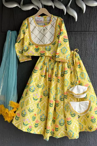 Yellow printed cotton lehenga set