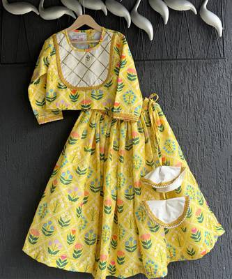 Yellow printed cotton lehenga set 3