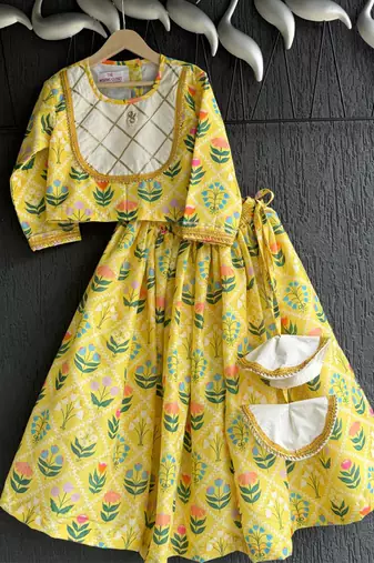Yellow printed cotton lehenga set