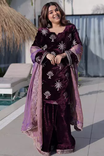 Wine Zari Embroidered Velvet Palazzo Suit