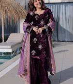 Wine Zari Embroidered Velvet Palazzo Suit