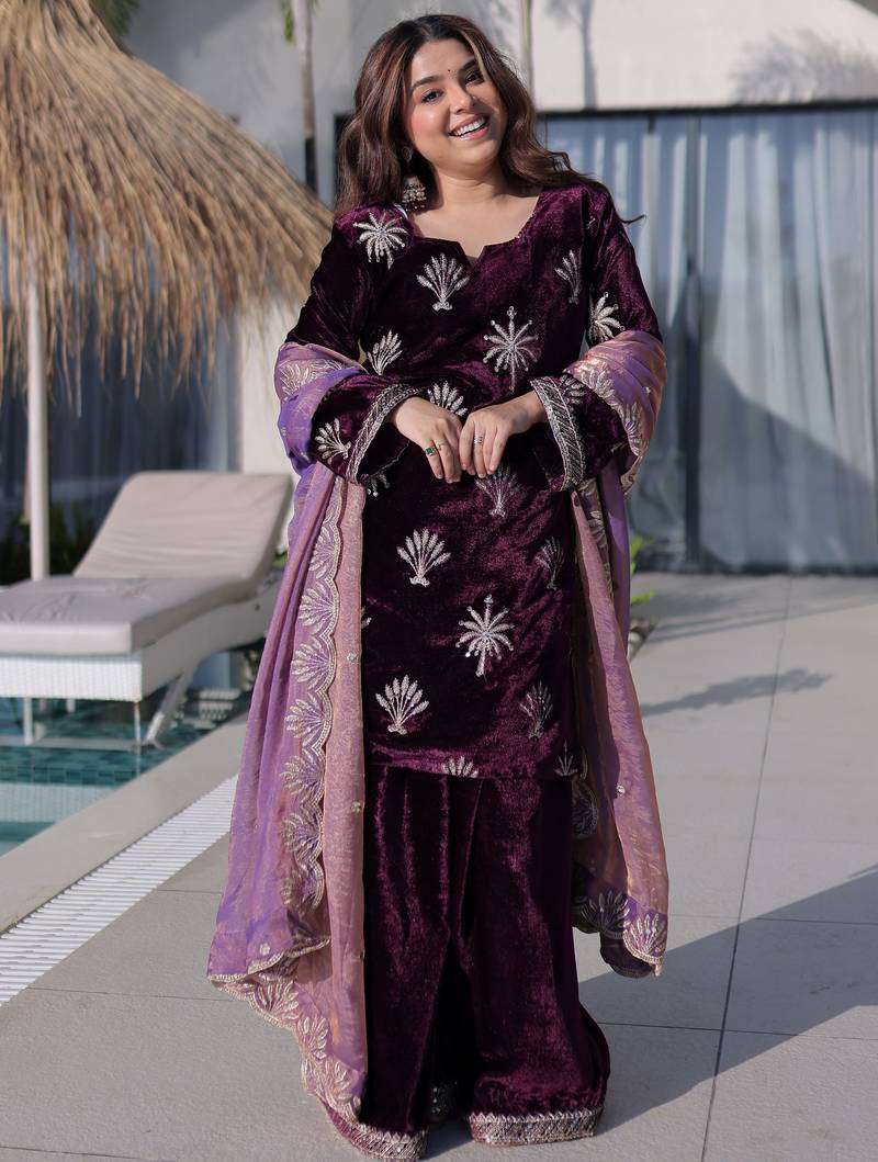 Wine Zari Embroidered Velvet Palazzo Suit