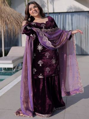 Wine Zari Embroidered Velvet Palazzo Suit 2
