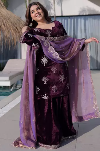 Wine Zari Embroidered Velvet Palazzo Suit
