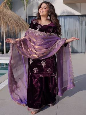 Wine Zari Embroidered Velvet Palazzo Suit 3