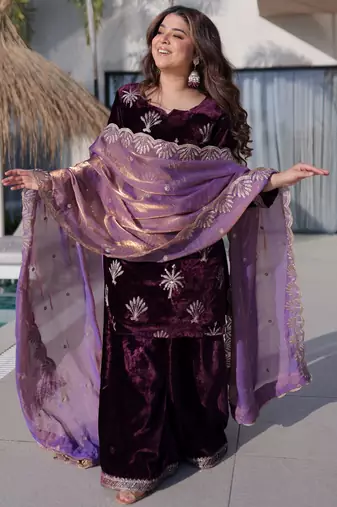 Wine Zari Embroidered Velvet Palazzo Suit