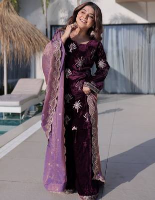 Wine Zari Embroidered Velvet Palazzo Suit 4