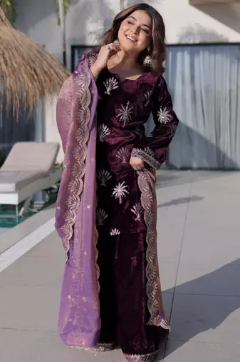 Wine Zari Embroidered Velvet Palazzo Suit