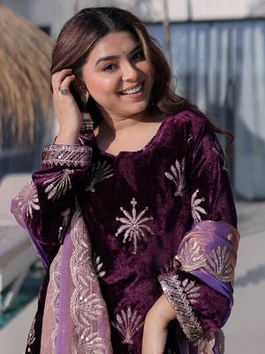 Wine Zari Embroidered Velvet Palazzo Suit 5