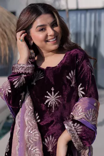 Wine Zari Embroidered Velvet Palazzo Suit