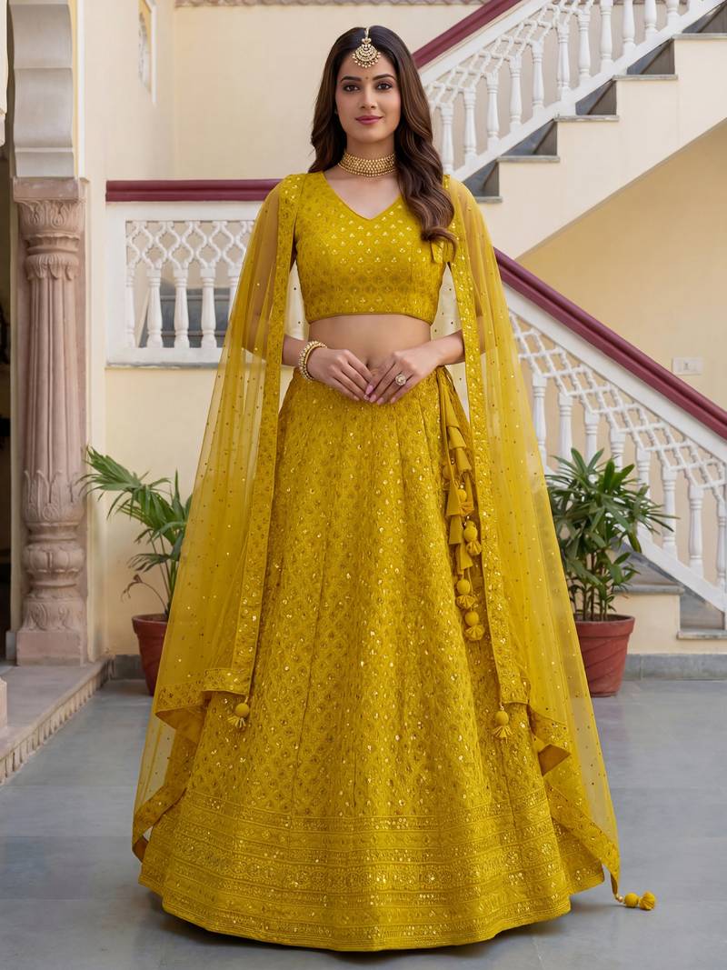  yellow embroidered georgette haldi lehenga set choli with dupatta