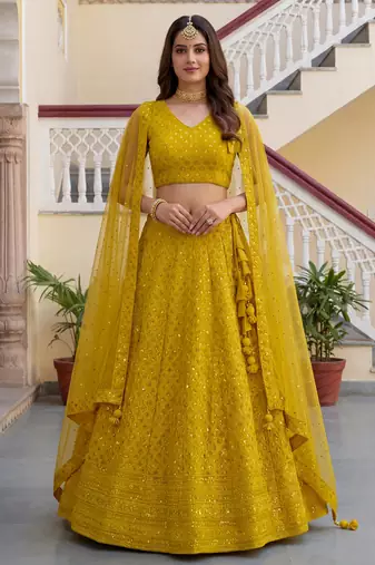  yellow embroidered georgette haldi lehenga set choli with dupatta