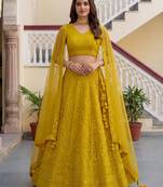  yellow embroidered georgette haldi lehenga set choli with dupatta