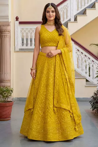  yellow embroidered georgette haldi lehenga set choli with dupatta