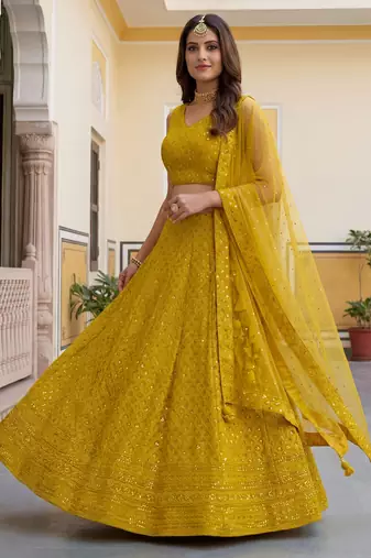  yellow embroidered georgette haldi lehenga set choli with dupatta
