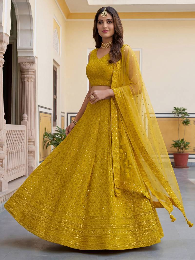  yellow embroidered georgette haldi lehenga set choli with dupatta
