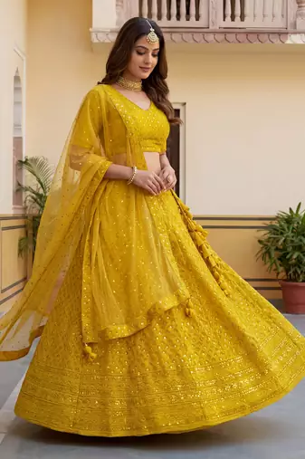  yellow embroidered georgette haldi lehenga set choli with dupatta