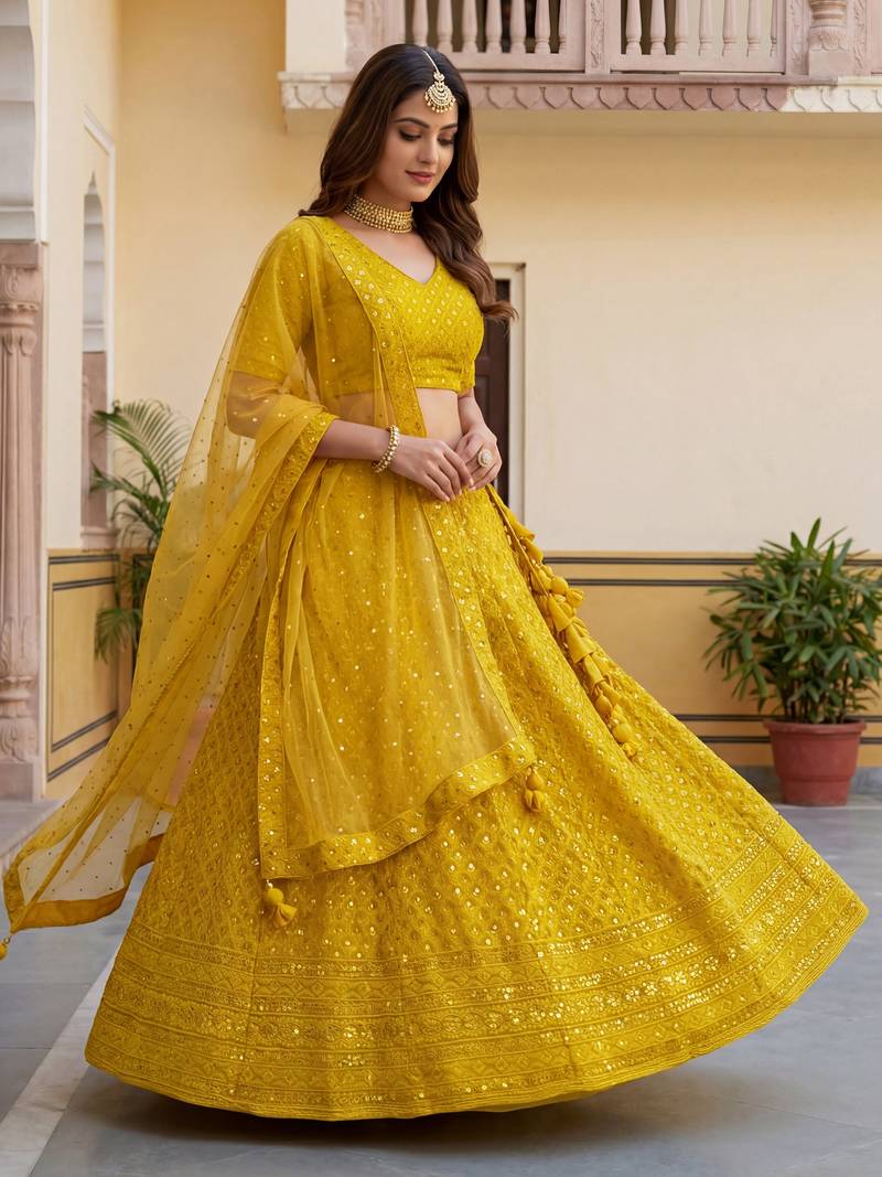  yellow embroidered georgette haldi lehenga set choli with dupatta
