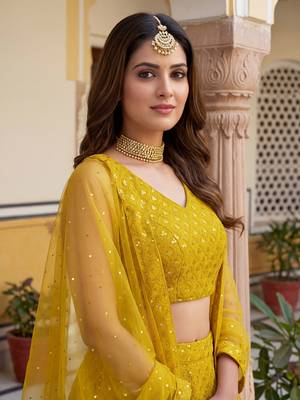  yellow embroidered georgette haldi lehenga set choli with dupatta 5