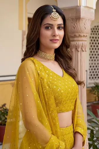  yellow embroidered georgette haldi lehenga set choli with dupatta